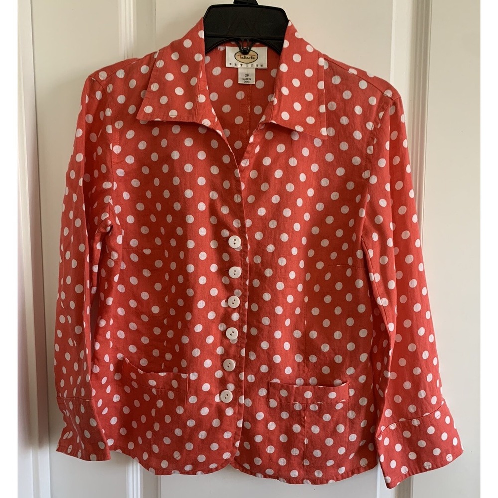 Vintage Talbots Blouse Coral Polka Dot Linen Button Front Pocket Petite 2P Retro